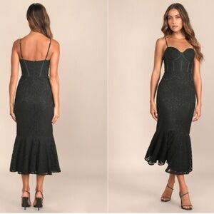 LULU's Floral Bustier Sexy Lace Hoco Wedding Chic Floral Mermaid Midi Dress